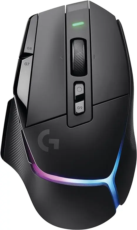 a black computer mouse with a blue and purple light